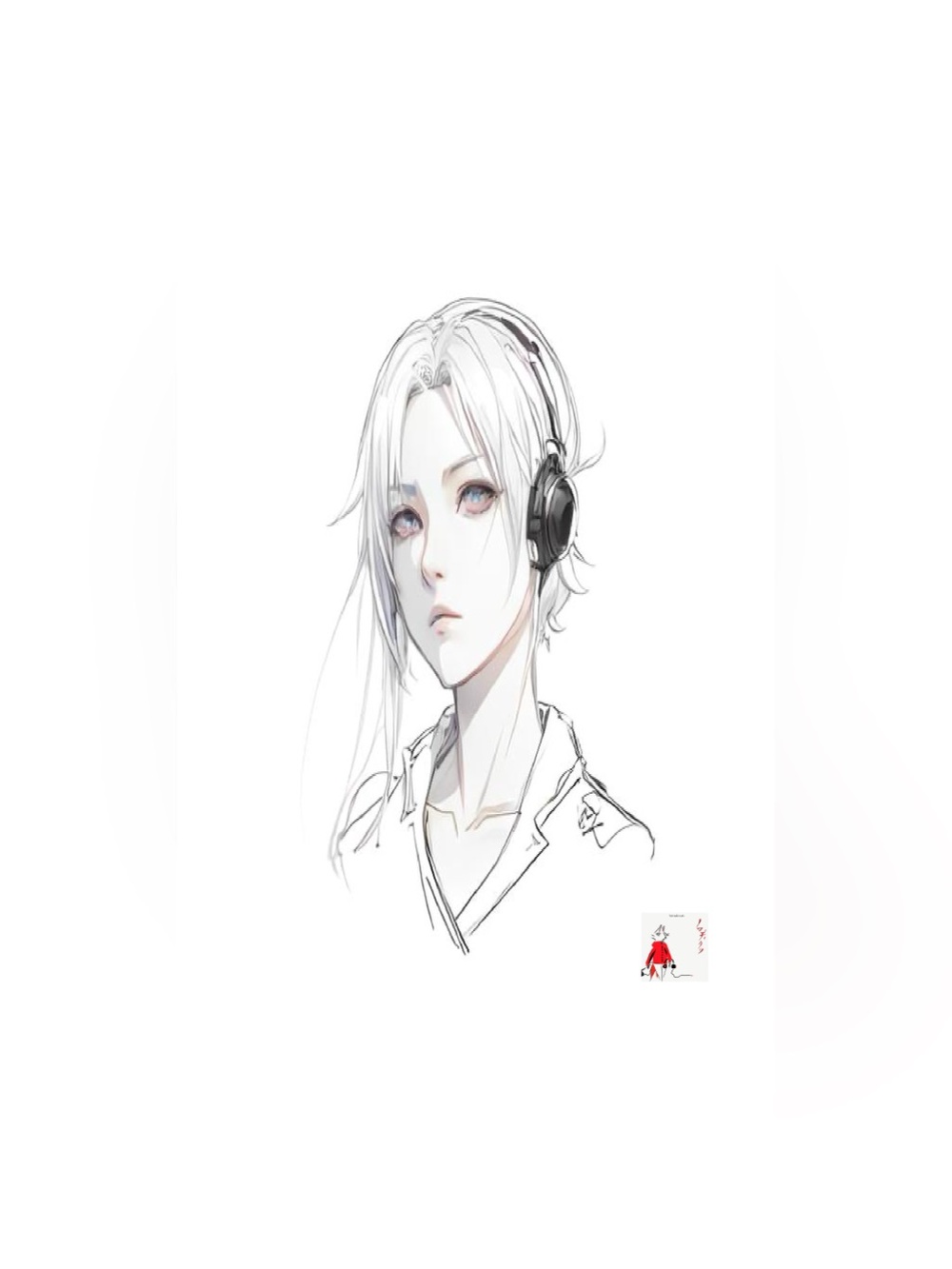Minimalist White Anime Portrait Poster with Black Headphones